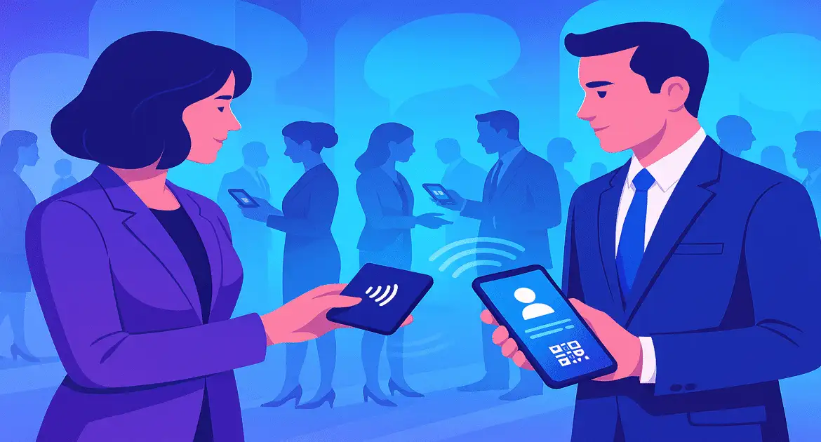 Professionals Networking With Digital Nfc Business Cards At An Event, Exchanging Details Via Qr Codes