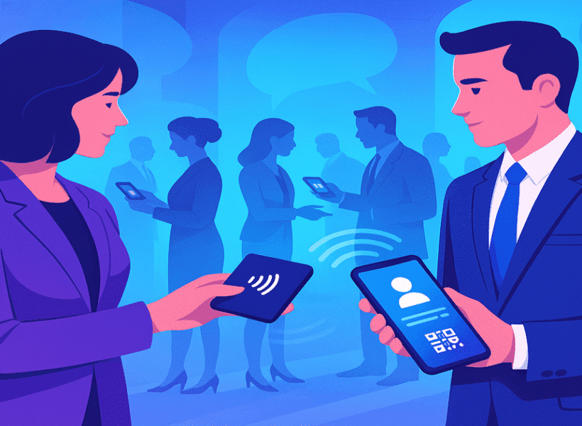 Professionals Networking With Digital Nfc Business Cards At An Event, Exchanging Details Via Qr Codes
