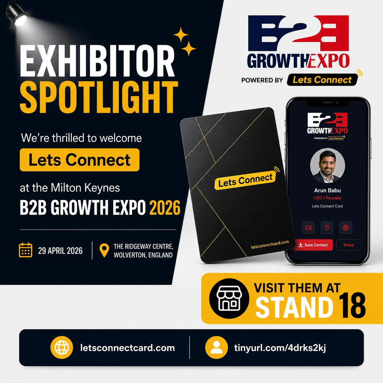 Lets Connect Card at Milton Keynes B2B Growth Expo 2026 — Stand 18
